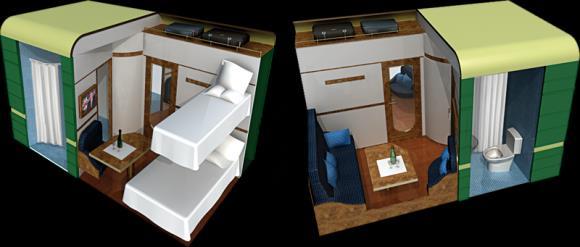 Jedes dieser rollenden Doppelzimmer bietet Ihnen nicht nur zwei übereinander angeordnete komfortable Betten (je ca.