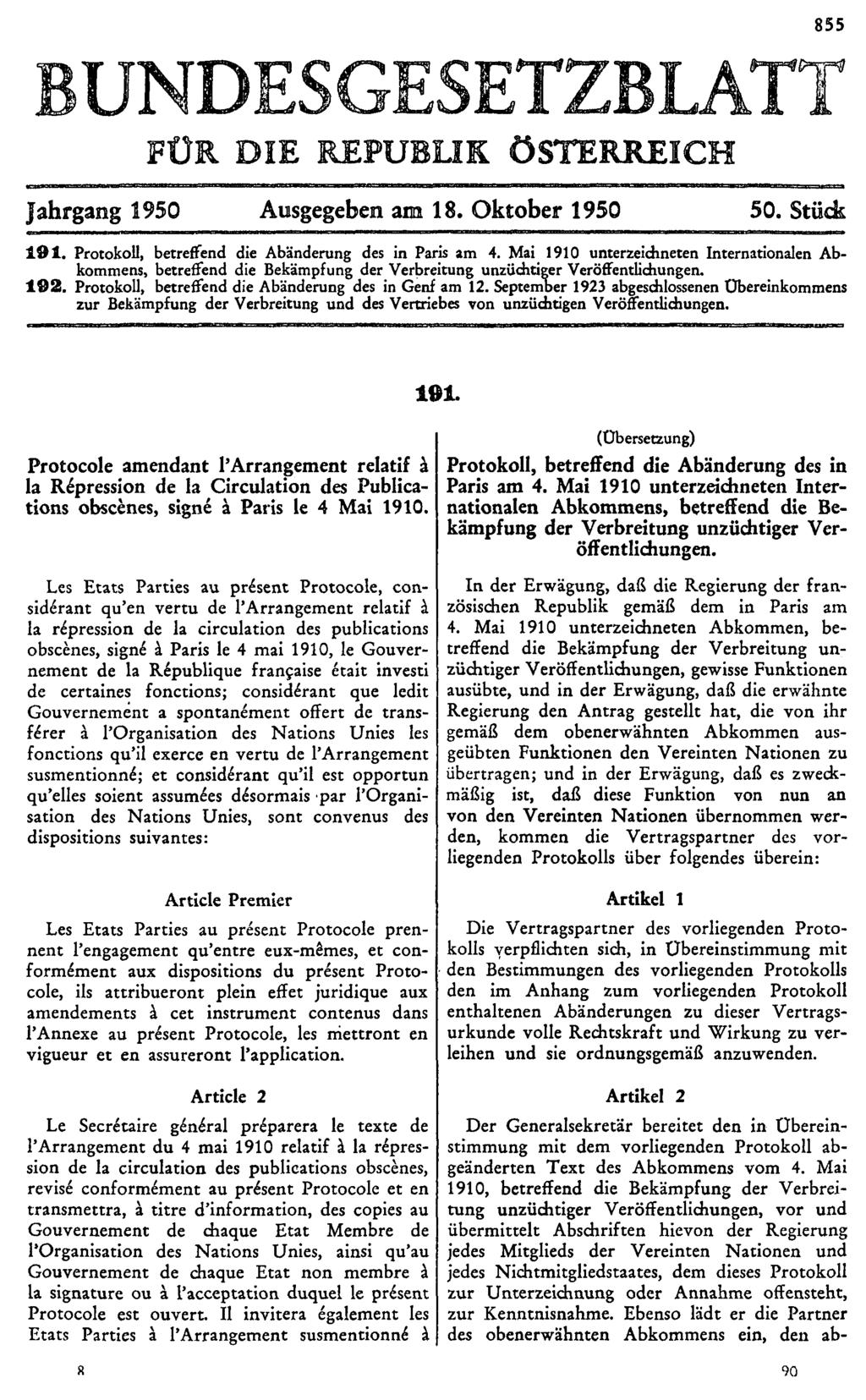 855 Jahrgang 1950 Ausgegeben am 18. Oktober 1950 50. Stück 191. Protokoll, betreffend die Abänderung des in Paris am 4.