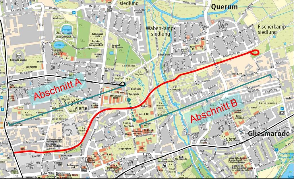 Chancen des Vorschlages zur Streckenführung sind: Eine Ost-West-Führung durch den Ortsteil Querum mit drei Haltestellen (in Höhe Duisburger Straße, Bevenroder Straße und Moorkamp) ergibt eine sehr