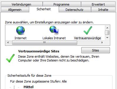 Wählen Sie dann den Reiter Sicherheit aus, klicken Sie auf das Icon Vertrauenswürdige Sites und