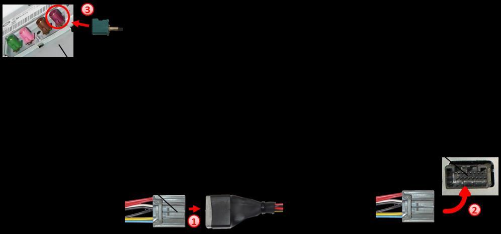 3.2. Verbindung zum Werks-Monitor Die 16-Pin Buchse des Fahrzeug-Kabelsatzes auf der Rückseite des Werks-Monitors abstecken und mit dem 16-Pin Stecker des