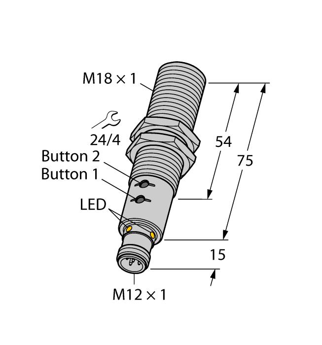 Glatte Schallwandlerfront Zylindrische Bauform M18, vergossen Anschluss über M12x1 Steckverbinder Teachbereich über Drucktaster oder Adapter einstellbar Temperaturkompensation Blindzone: 15cm