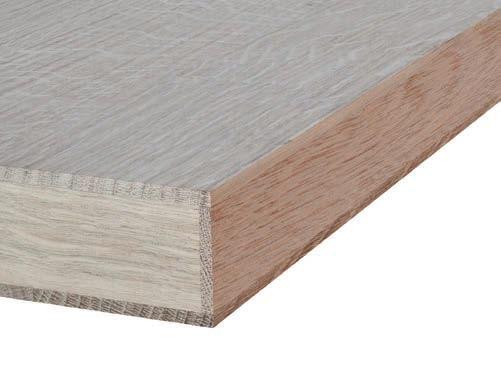 Treppenstufen und Treppenwangen, 3-schichtig Küchenarbeitsplatten, 3-schichtig Plattenaufbau: 3-Schicht: Deck- und Mittellage aus der gleichen Holzart Decklage: 5 mm, längsverleimt Mittellage: