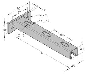 Fertigkonsole, C-Profil 45/40/2,5 mm Platte längs Material: S235JR / S235JRG2, feuer-stückverzinkt nach DIN 50 976* Platte: 130 x 50 x 8 mm C-Profil: Rastermaß 105 mm, Langlöcher 14x45 mm mit