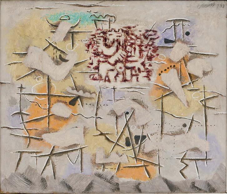 Willi Baumeister (1889 1955) Scherzo (Riesen Abschied I), 1948 Öl, Kunstharz, Spachtelkitt, teils gekratzt, auf Karton, 46 54 cm signiert und datiert; verso datiert und betitelt CoBrA ausstellte in