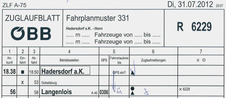 Bundesanstalt für Verkehr Seite 12 / 29 Untersuchungsbericht Zuglaufblatt Abbildung 7 Tagesaktuelles Zuglaufblatt von Z 6229 Quelle Traktionsleister Das tagesaktuelle Zuglaufblatt von Z 6229 zeigt