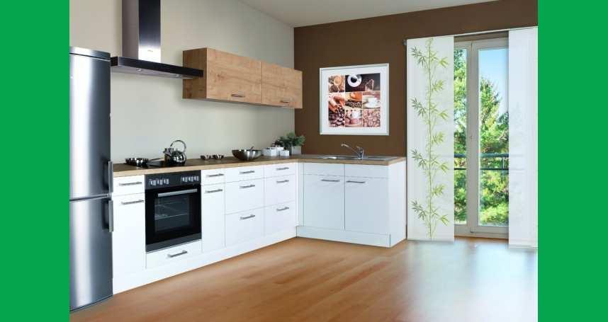 Küche Spektrum 2093-300/309 Neuwertige exklusive Küche in "weiß" mit abgesetzten Hängeschränken und Arbeitsplatte in "Arlington Eiche Dekor".