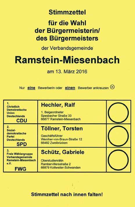 Die wahlberechtigten Bürgerinnen und Bürger von Ramstein-Miesenbach wählen außerdem noch den neuen Stadtbürgermeister.