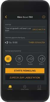 Status-Bildschirm Der Startbildschirm liefert Ihnen alle wichtigen Informationen auf einen Blick, z.b. in welchem Modus sich der Scout RX2 aktuell befindet und wann er mit der nächsten Reinigung beginnt.