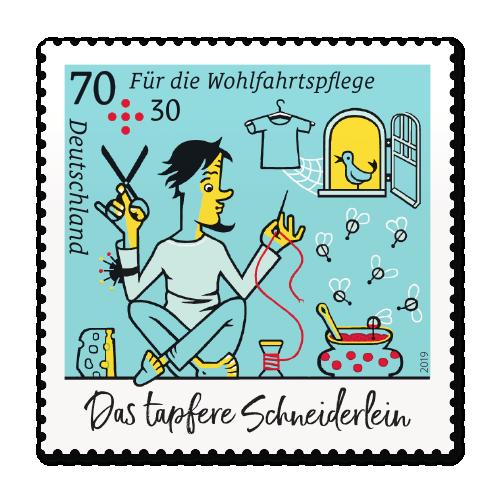 Die Briefmarken aus der Serie Für die Wohlfahrtspflege zeigen die Motive In der Schneiderstube, Bei den Riesen und Die Hochzeit.