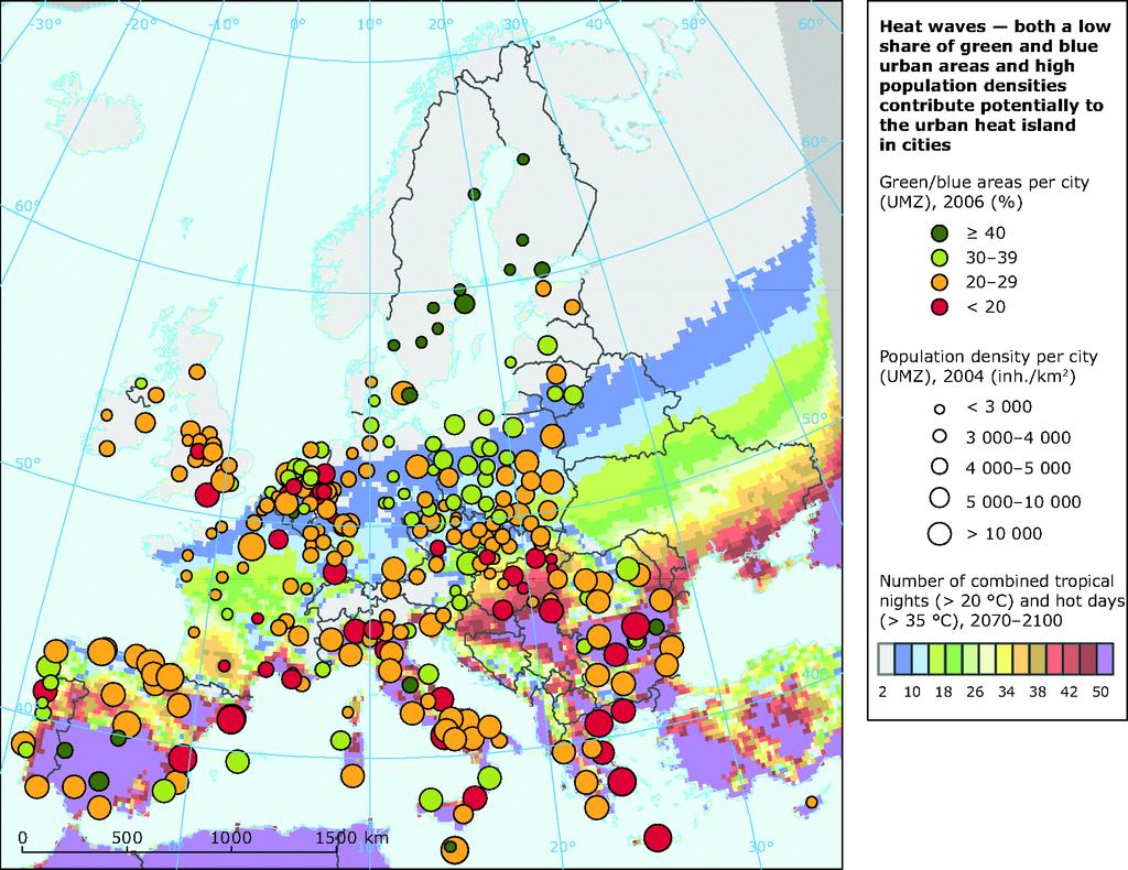 Landdienst (lokal) - Urban Atlas Hitzestress / Hitzeinseln in EU Städten 2070-2100 Anteile an Grün- und Wasserflächen mittels Urban Atlas 2006 Einwohnerdichte Anzahl trop.