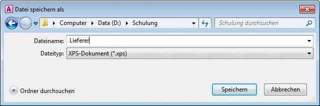 Nach dem Klick auf die Schaltfläche [_OK_] wird ein Dateiname eingetippt und beispielsweise im Ordner Schulung abgespeichert: Druckvorgang gestartet XPS-Dateiname