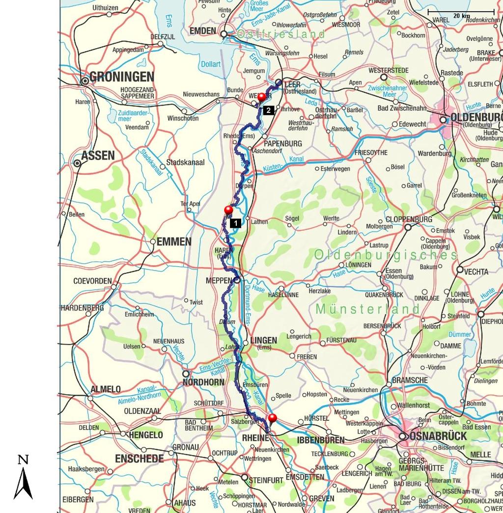 Länge: 160,45 km Steigung: + 193 m / - 162 m Dauer: Start: Rheine, Emsufer Innenstadt Verlauf: Rheine-Salzbergen-Emsbüren: 21 km, 7 bis 9 Tage Emsbüren-Hanekenfähr-Lingen (Ortsteil Schepsdorf):