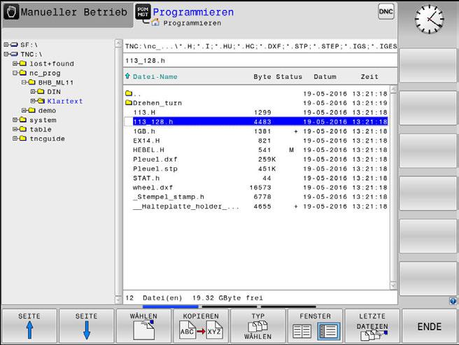 Grundlagen Dateiverwaltung 3 Dateiverwaltung aufrufen Taste PGM MGT drücken Die Steuerung zeigt das Fenster zur Dateiverwaltung (die Abbildung zeigt die Grundeinstellung.