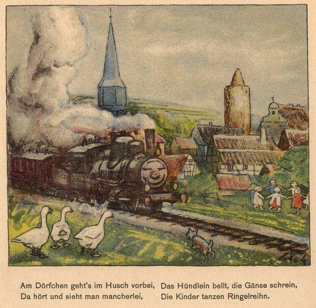 Der Dampfzug fährt vorbei an der beschaulichen Ortschaft mit Kirche und Burg, die spielenden Kinder lassen sich von