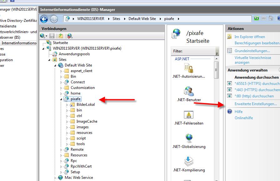 Einstellungen pixafe Webserver auf Windows 2011 Server Es müssen die Pfade korrigiert werden, die beim normalen Setup vergeben werden.