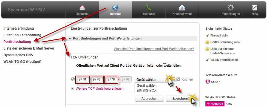 1.12 Speedport Portfreigabe konfigurieren 1. Klicken Sie im oberen Menü auf "Internet" und öffnen Sie anschließend den Punkt Portweiterschaltung".