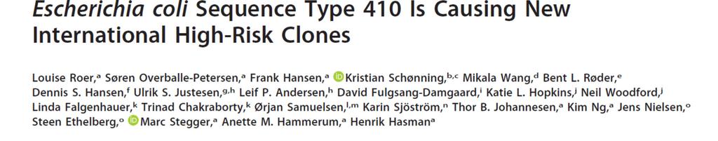 ST410 ein neuer E. coli high risk clone? ST410ist in Dänemark ein neu und verstärkt auftretender Klon (n= 127) 1.
