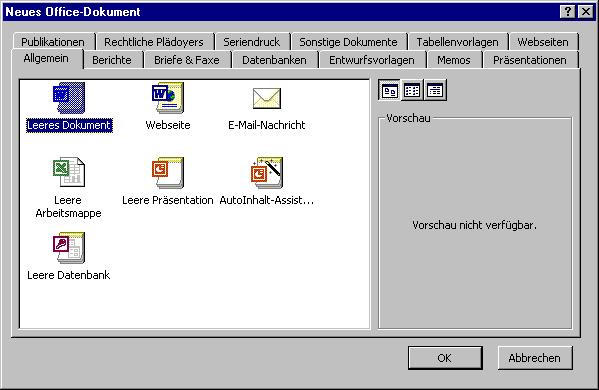 Windows-Startmenü: Neues Office-Dokument In dem Dialogfenster wählen Sie auf der Registerseite Allgemein das Symbol Leeres Dokument aus und klicken auf [_OK_].