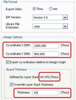 IDF Export File Format Einstellungen Hier wird für die Erstellung des Datenexports die Ausgabeeinheit auf Thou oder mm festgelegt.