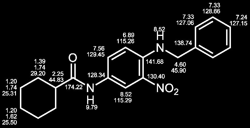 N-(4-(Benzylamino)-3-nitrophenyl)-3,4-dimethoxybenzamid (40/LM-V-13) I: AAV-8; II: AAV-5 I: 3.0 mmol 4-Fluor-4-nitro-anilin I: 4.0 mmol 3,4-Dimethoxybenzoylchlorid II: 4.