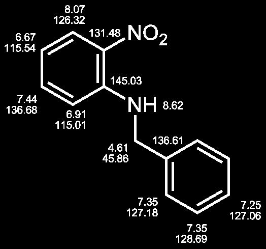 N-Benzyl-2-nitroanilin (43/LM-V-16) AAV-5 30.0 mmol 2-Fluor-1-nitrobenzen 35.0 mmol Benzylamin Summenformel: C 13 H 12 N 2 O 2 228.25 g/mol orangefarbener Feststoff Ausbeute: 6.21 g (90 %) EA: ber.