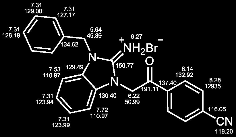 Summenformel: AAV-2a 1.0 mmol 1-Benzylbenzbenzimidazol-2-amin (56/LM-2.2) 1.1 mmol 2-Brom-acetophenon C 22 H 20 BrN 3 O 422.32 g/mol Ausbeute: 0.177 g (41.9 %) EA: ber.: C 62.57, H 4.77, N 9.95 gef.