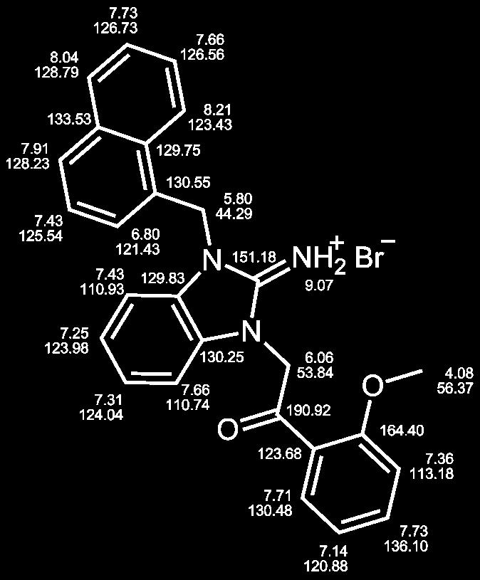 2-(2,3-Dihydro-2-imino-3-(naphthalen-1-ylmethyl)-1H-benzimidaz-1-yl)-1-(2- methoxyphenyl)ethanon, Hydrobromid (126/LM-20.14) AAV-2a 0.5 mmol 1-(Naphthalen-1-ylmethyl)benzimidazol-2-amin (57/LM-2.3) 0.