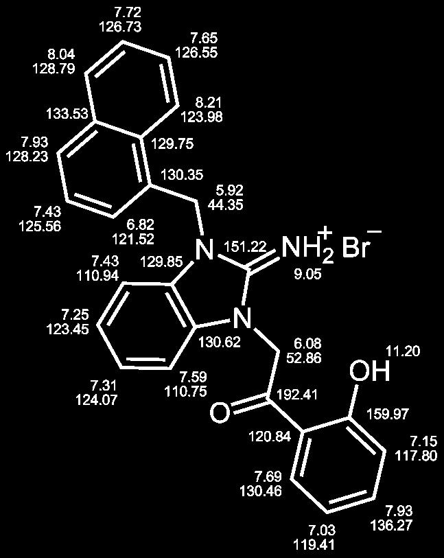 2-(2,3-Dihydro-2-imino-3-(naphthalen-1-ylmethyl)-1H-benzimidaz-1-yl)- 1-(2-hydroxyphenyl)ethanon, Hydrobromid (132/LM-20.20) AAV-2a 0.4 mmol 1-(Naphthalen-1-ylmethyl)benzimidazol-2-amin (57/LM-2.3) 0.