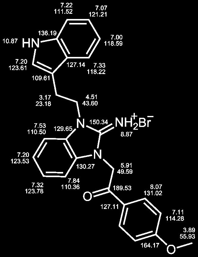 2-(2,3-Dihydro-2-imino-3-(2-(1H-indol-3-yl)ethyl)-1H-benzimidaz-1-yl)- 1-(4-methoxy-phenyl)ethanon, Hydrobromid (133/LM-20.21) AAV-2a 0.4 mmol 1-(2-(1H-Indol-3-yl)ethyl)benzimidazol-2-amin (68/LM-2.
