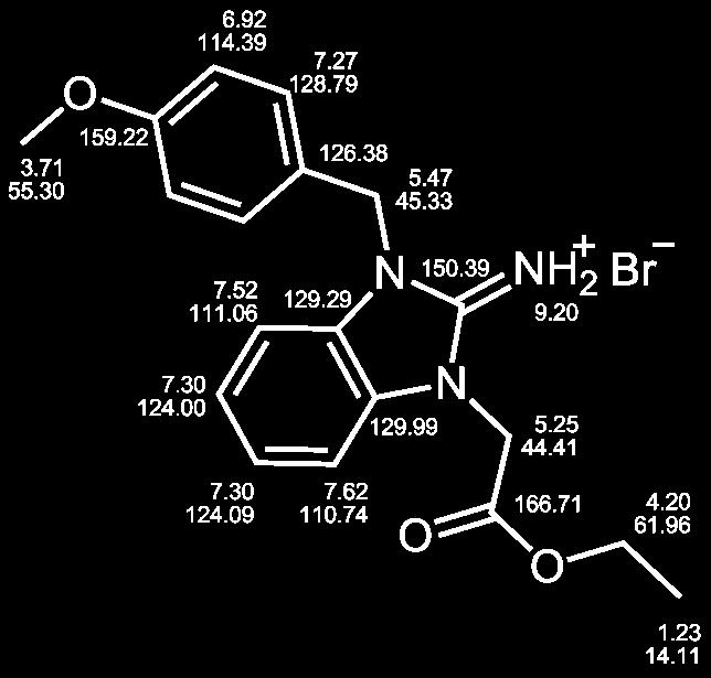 AAV-2b 1.0 mmol 1-(2-Phenylethyl)benzimidazol-2-amin (55/LM-2.1) 3.0 mmol Phenylethylbromid Summenformel: C 23 H 24 BrN 3 422.36 g/mol Ausbeute: 0.152 g (35 %) EA: ber.: C 65.41, H 5.73, N 9.95 ber.