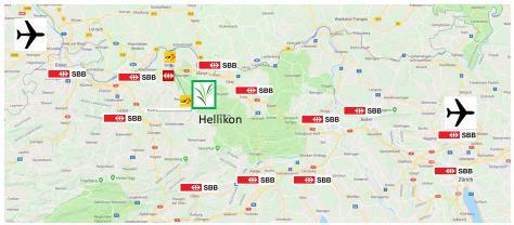 Interregionale Verkehrsanbindung Hellikon liegt mitten in einem leistungsfähigen Verkehrsnetzwerk. Zwei internationale Flughäfen sind innerhalb von weniger als einer Stunde mit dem Auto erreichbar.