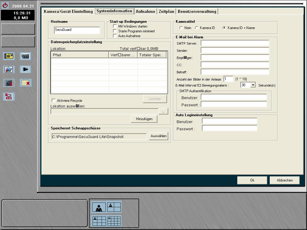 Systeminformation Hostname Start Up Bedingungen Kameratitel Geben Sie hier dem PC, von dem aus sie die SecuGuard Software starten, einen Namen.