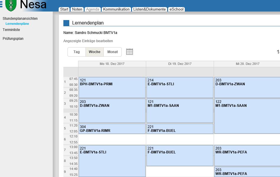 Agenda In diesem Menü finden Sie folgende Pläne / Listen: - Stundenplanansichten Lernendenpläne Terminliste - Prüfungsplan Unter Stundenplanansichten / Lernendenpläne ist Ihr persönlicher Stundenplan