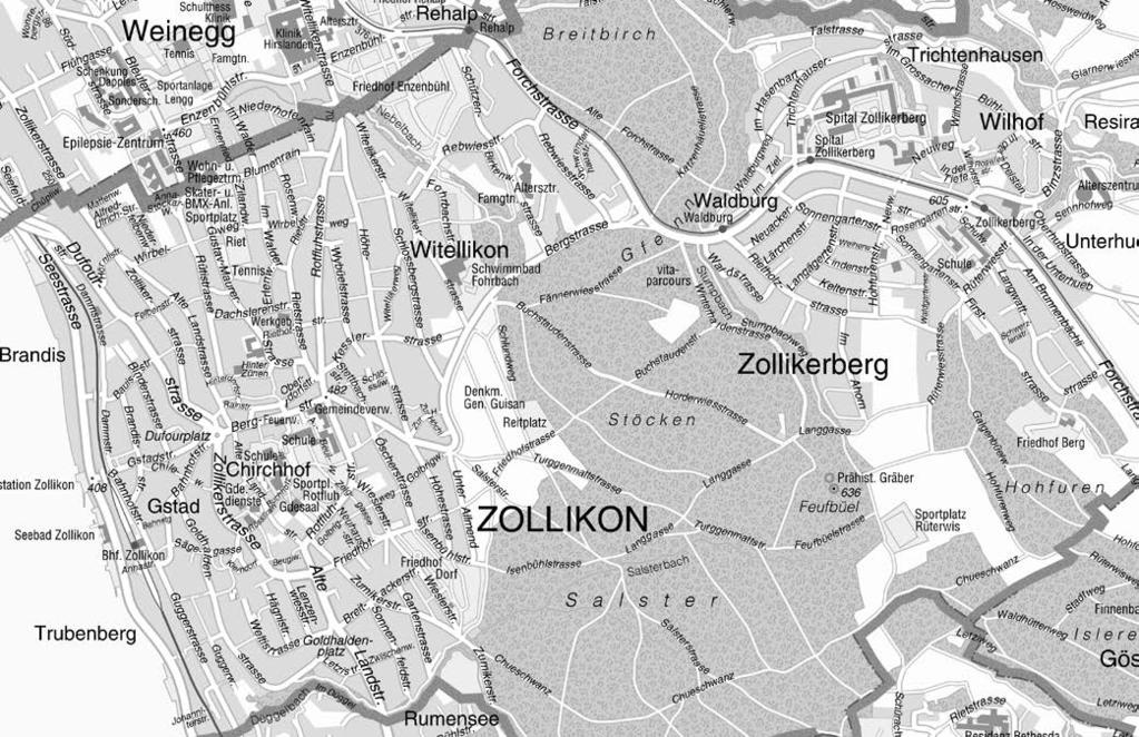 Übersichtsplan Standorte der Sammelstellen Zollikon und Zollikerberg mit Legende Sammelstellen ➊ Hauptsammelstelle Zollikon, Dachslerenstrasse 15 ➋ Alterssiedlung Rebwiesstrasse, Zollikon ➌ ➍ ➎ ➏