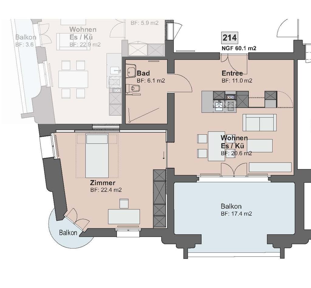 Wohnung 214, Level 2 Grösse 60.1 m 2 Zimmer Lage 2.5 Zimmer mit integrierter Küche und sep.