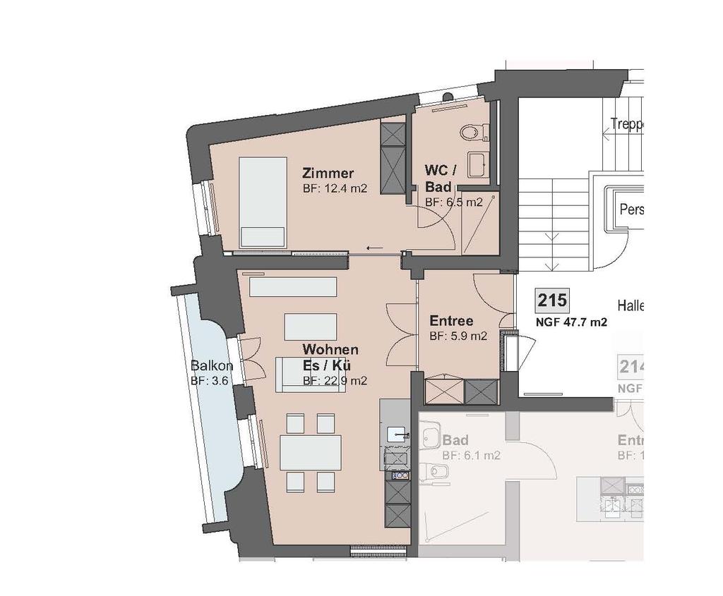 Wohnung 215, Level 2 (vermietet) Grösse 47.7 m 2 Zimmer Lage 2.5 Zimmer mit integrierter Küche und sep.