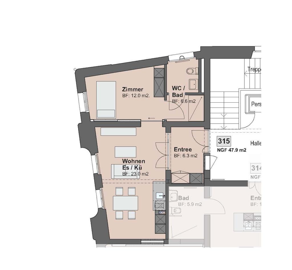Wohnung 315, Level 3 Grösse 47.9 m 2 Zimmer Lage 2.5 Zimmer mit integrierter Küche und sep.