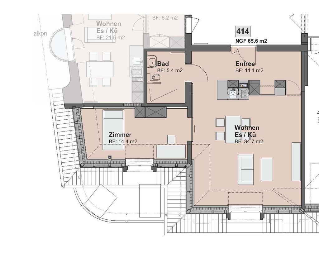 Wohnung 414, Level 4 (vermietet) Grösse 65.6 m 2 Zimmer Lage 2.5 Zimmer mit integrierter Küche und sep.