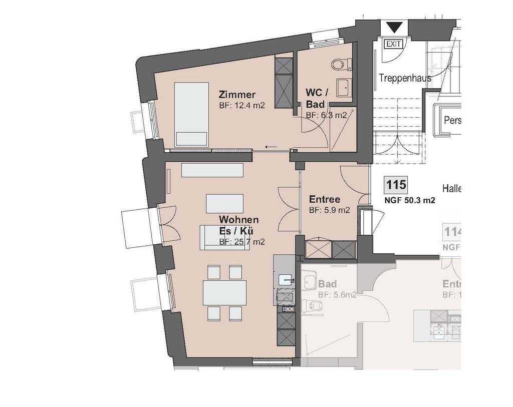Wohnung 115, Level 1 (Ausgang Kornhausbrücke) Grösse 50.3 m 2 Zimmer Lage Balkon Keller Preis 2.