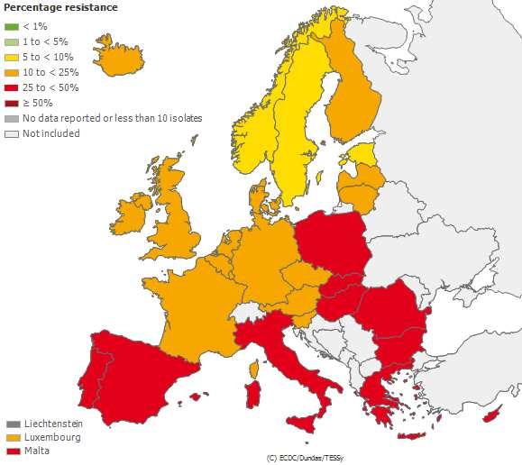 Resistenz Anteil an chinolonresistenten E. coli in Europa 2002 vs.