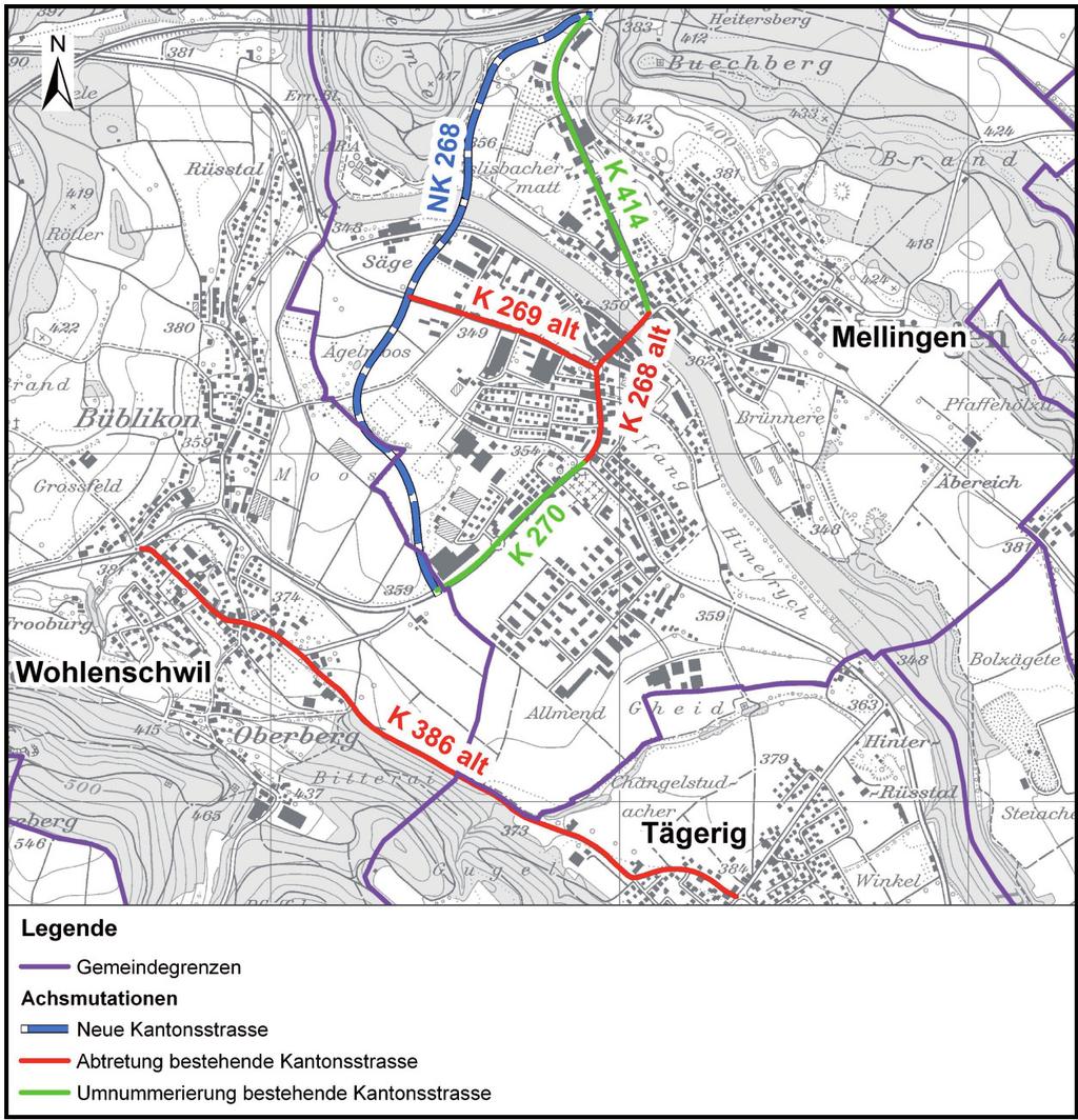 Welche Anpassungen sind am Kantonsstrassennetz vorgesehen? Die Umfahrung Mellingen NK 268 (blau) wird ins Kantonsstrassennetz aufgenommen.