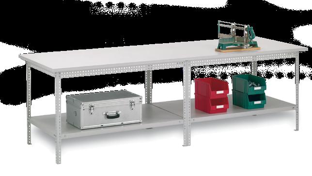 ausziehbar Schraubsystem WR Robuster Arbeitstisch aus folgenden Komponenten: Untergestell mit 125 kg Fachlast und 2 Fachböden Arbeitsplatte (Spanplatte, Kanten mit Kunststoff-