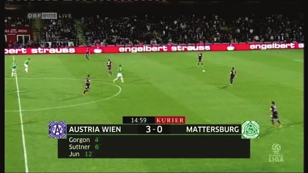 23:34 Uhr im Fernsehprogramm ORF eins ausgestrahlten Sendung Fußball-Arena im Rahmen der Übertragung des Fußballspiels Austria Wien gegen Mattersburg Sponsorhinweise zu Gunsten der Tageszeitung