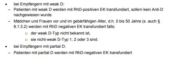Empfehlungen, Kapitel 8.2.1 Auswahl des RhD- Antigens (bei Transfusionen) F.