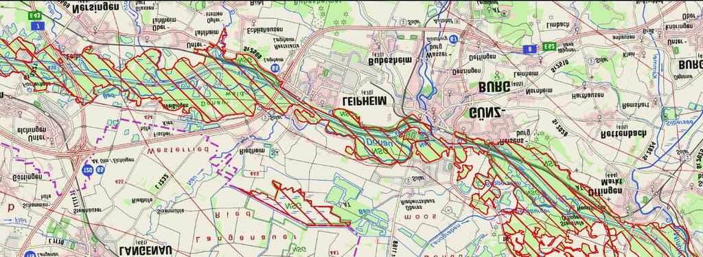 FFH-Gebiete (amtliche topographische Karte) zwischen Ulm und Offingen Somit ist ein noch in den 80er Jahren diskutierter und damals auch juristisch möglicher Ausbau im Abschnitt Unterfahlheim -