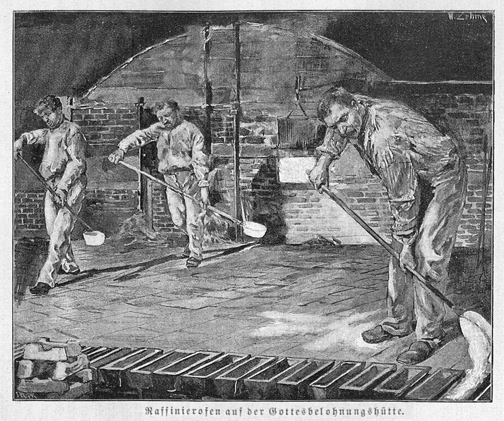 Der Raffinationsbetrieb auf der Gottesbelohnungshütte Sehr ausführlich wurden die um 1890 angewendeten Arbeitsschritte bei der Verhüttung des Kupferschiefererzes beschrieben.