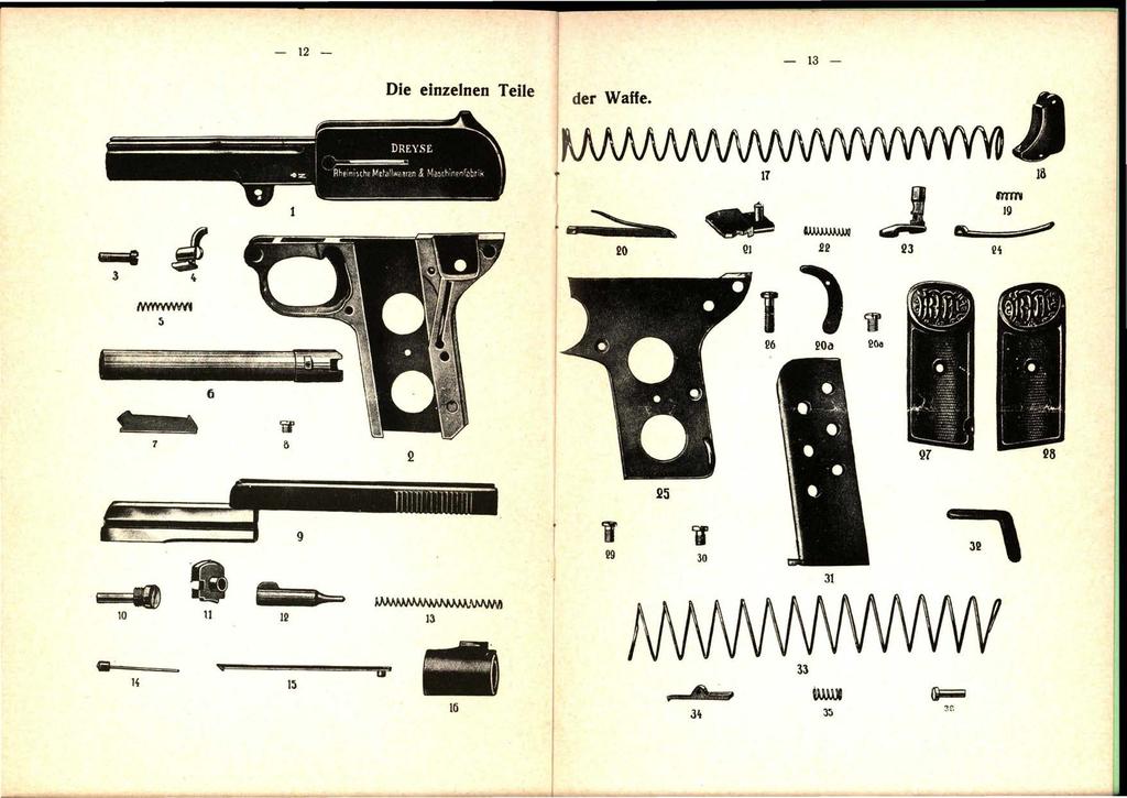 - 12 - Die einzelnen Teile der Waffe. mm - 13 - J 20 l.!j J!2 1!3 l!i, 18 l!i WJJ.