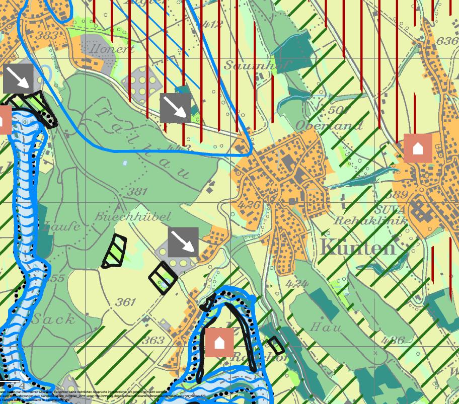 Abbildung 9: Siedlungstrenngürtel zw. Künten, Remetschwil und Stetten (Richtplan, AGIS) Im Richtplan sind ebenfalls Landschaften von kantonaler Bedeutung bezeichnet (grüne Querstreifen).