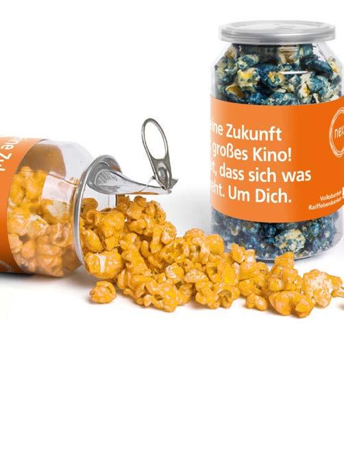 Popcorn Farbiges Popcorn in der PET Dose, Inhalt: ca. 30 g, Verpackungsmaß: Ø ca. 65 mm, Höhe: ca. x 112 mm Haltbarkeit: ca.